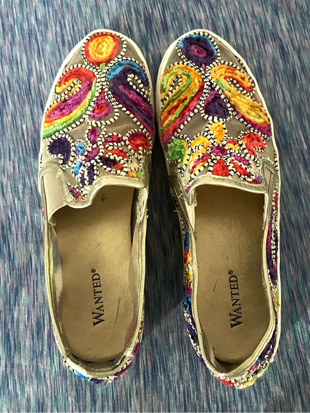 Wanted multicolor gold slip ons size 8